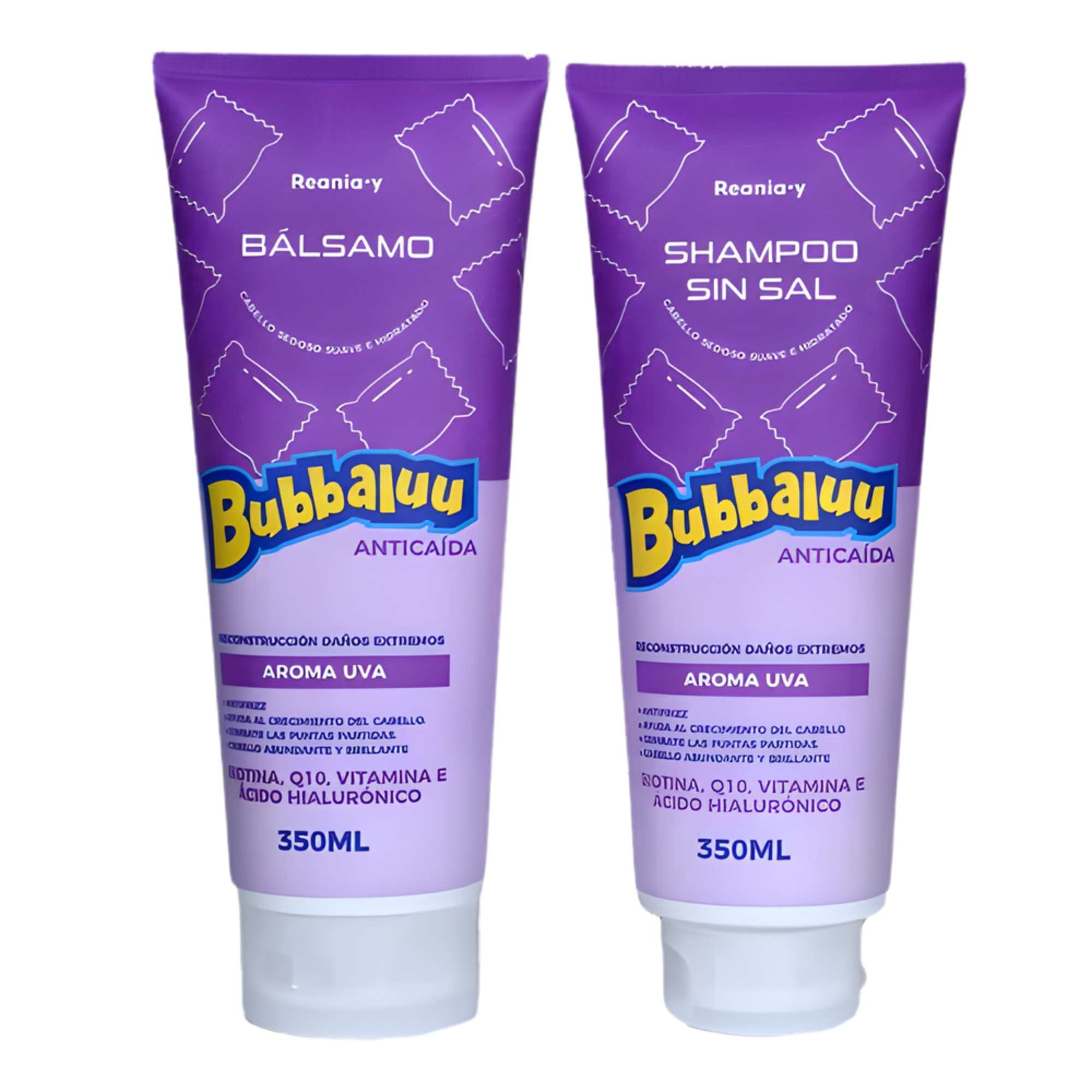 Pack Shampoo y Acondicionador Bubbaluu Anticaída Reconstrucción Daños Extremos – Aroma Uva – 350 ml