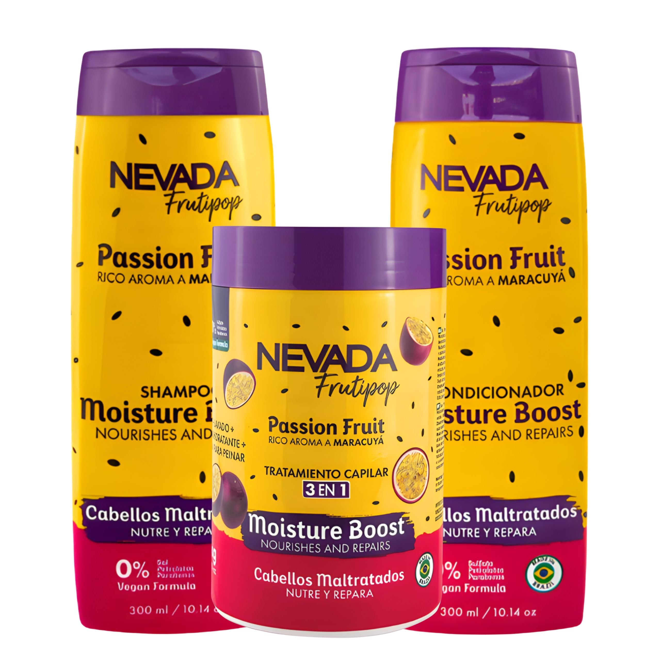 Tripack Shampo, Acond, Mascarilla NEVADA -  Cabellos Maltratados Maracuya